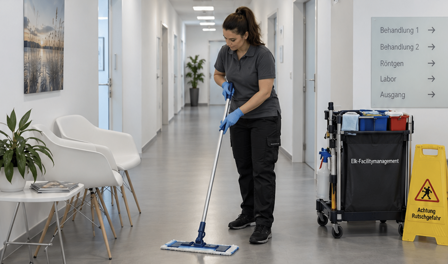 Bodenreinigung im Flur einer Arztpraxis durch ELK Facility Management
